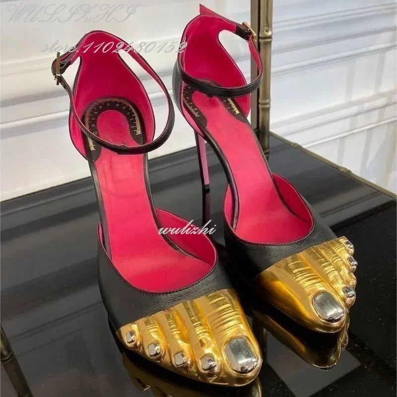 Black Strappy Gold Round Toe Five-Finger Sandals Girl Stiletto Ankle Straps Summer Suede Hollow Heels Catwalk Street Style Shoes