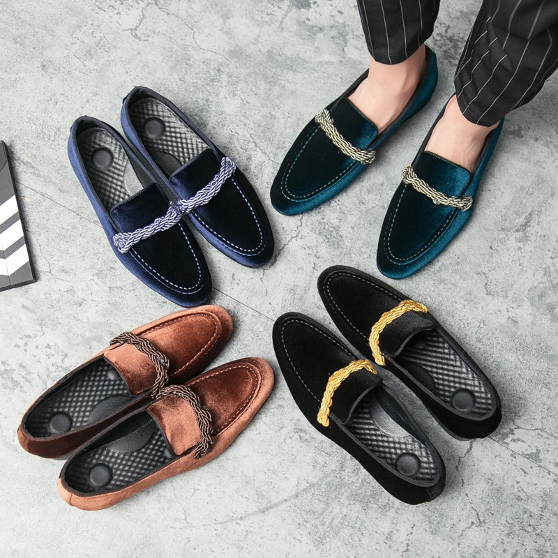 Men's Handmade Minimalist Suede Leather Shoes (Black Green Blue Brown) Velvet Leather Fried Dough Twists Rope Lefu Shoes for Men