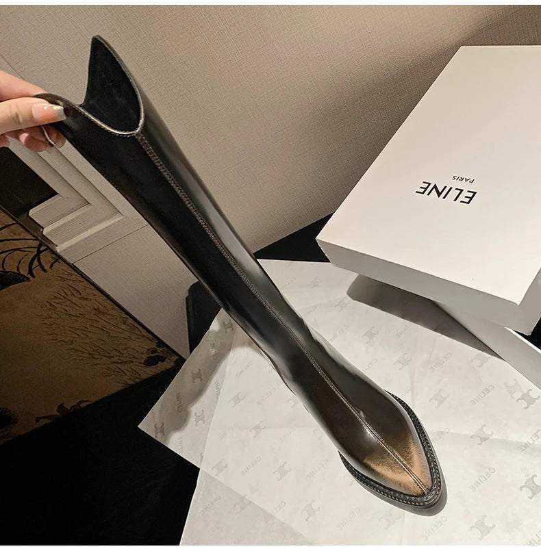 Ods New Women Genuine Leather Pointed Toe Knee High Boots Black White Brown Side Zipper Female Shoes Thick Heel Plus Size 42