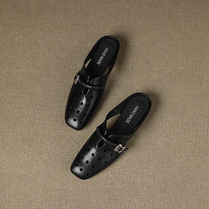 Genuine Leather Hollow Slippers Women Covered Toe Thick Heels Dating Buckle Mules Ladies Summer Leisure Slippers