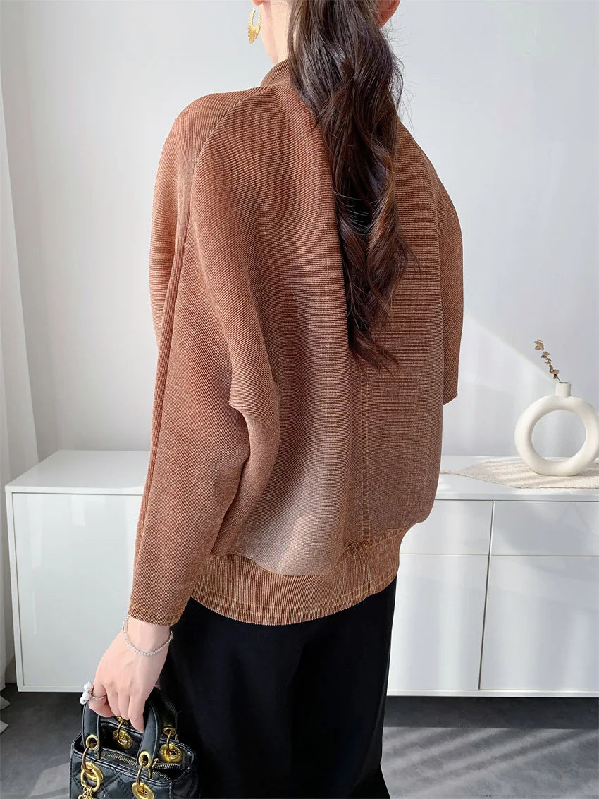 Miyake Women's Early‑Autumn Toothpick‑Texture Pleated Jacket, Relaxed‑Vibe Casual Outerwear, Slim‑Fitting Draping Commuter Top