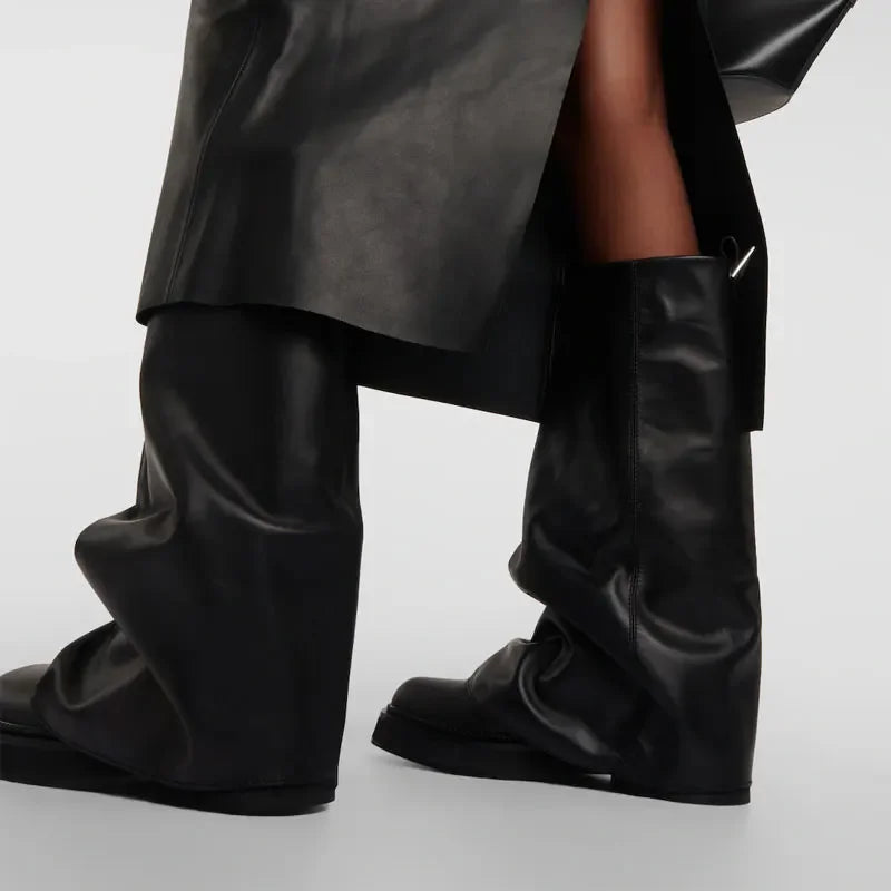 Women's Chunky Leather Flats & Knee Boots - Square Toe Loose Fit Spring-Autumn Casual Shoes with Pleated Pants