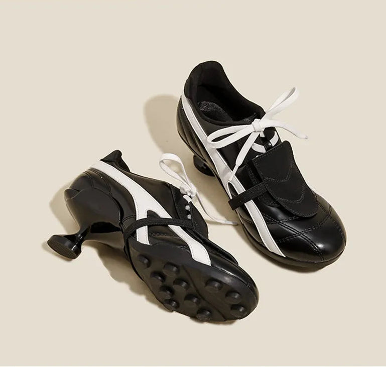 Ins style Fashion Mixed-color Patchwork Soft Leather Women High heels sneakers Autumn Winter Casual Lace-up Novelty Sporty Shoes