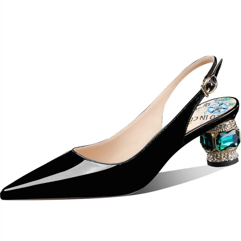 Dilalula 2025 Patent Cow Leather Crystal Heels Sandals Women Pointed Toe Office Ladies Party Dating Wedding Sandals Plus Size