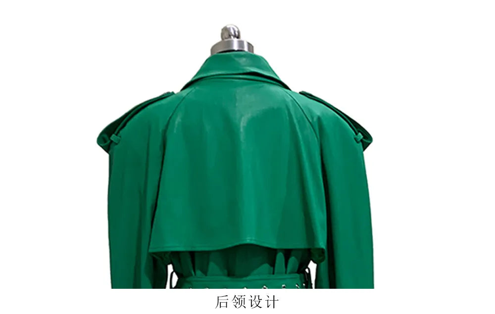 Nerazzurri Autumn Extra Long Soft Green Oversized Pu Leather Trench Coat for Women Shoulder Pads Belt Double Breasted Overcoat