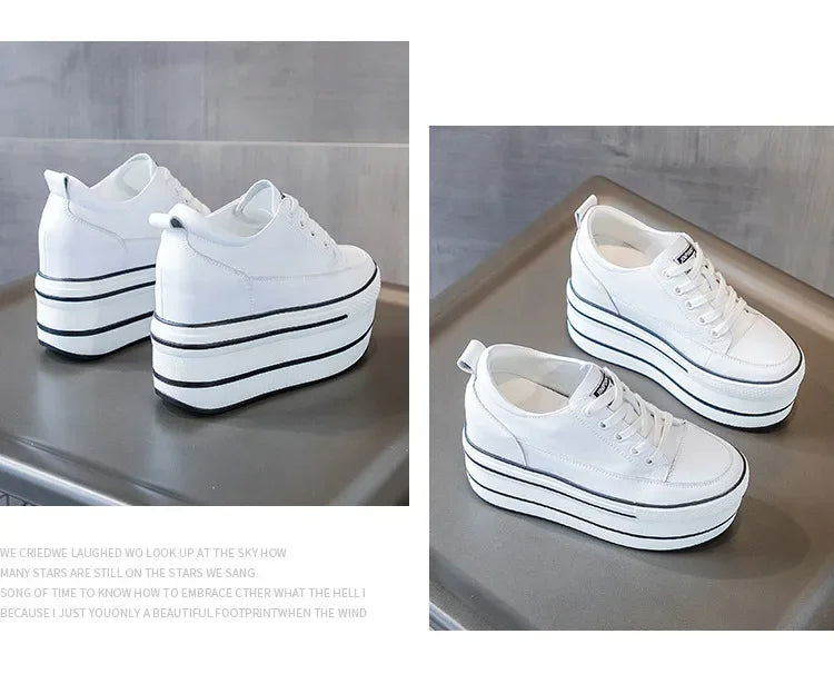 Fashion 10.5cm High Thick Heel Platform Flats Women Casual Shoes Genuine Leather Soft Quality Casual Shoe Sneakers White Black