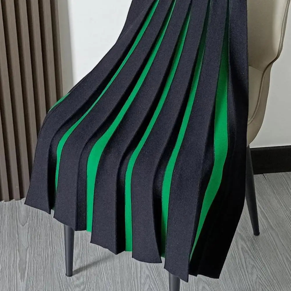Women Midi Skirt High Waist Patchwork Color Pleated Skirt Ladies Autumn Knitting Skirt Women Versatile Comfortable Daily Wear