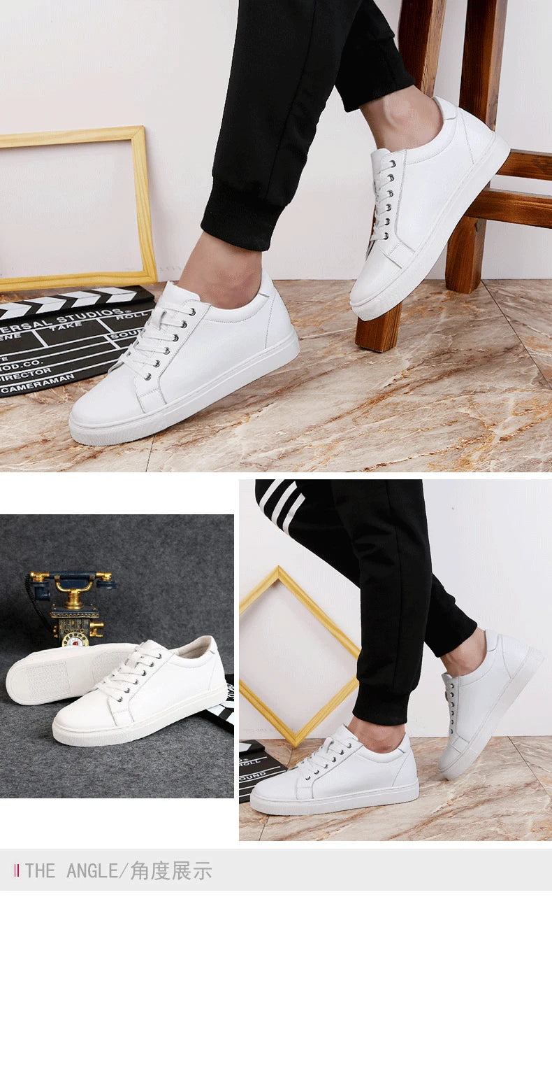 Man Elevator Shoes Height Increase Insoles High Heels Shoes 5-6CM Shoes Tall Shoes White Genuine Leather Shoes Men Sneakers