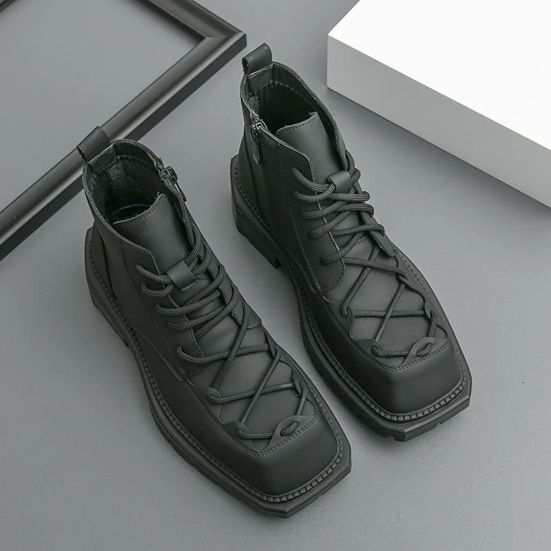 Autumn New Men Comfortable Lace Up Side Zipper High Top Leather Shoes Fashion Brand Round Toe Thick Soled Non Slip Outdoor Boots