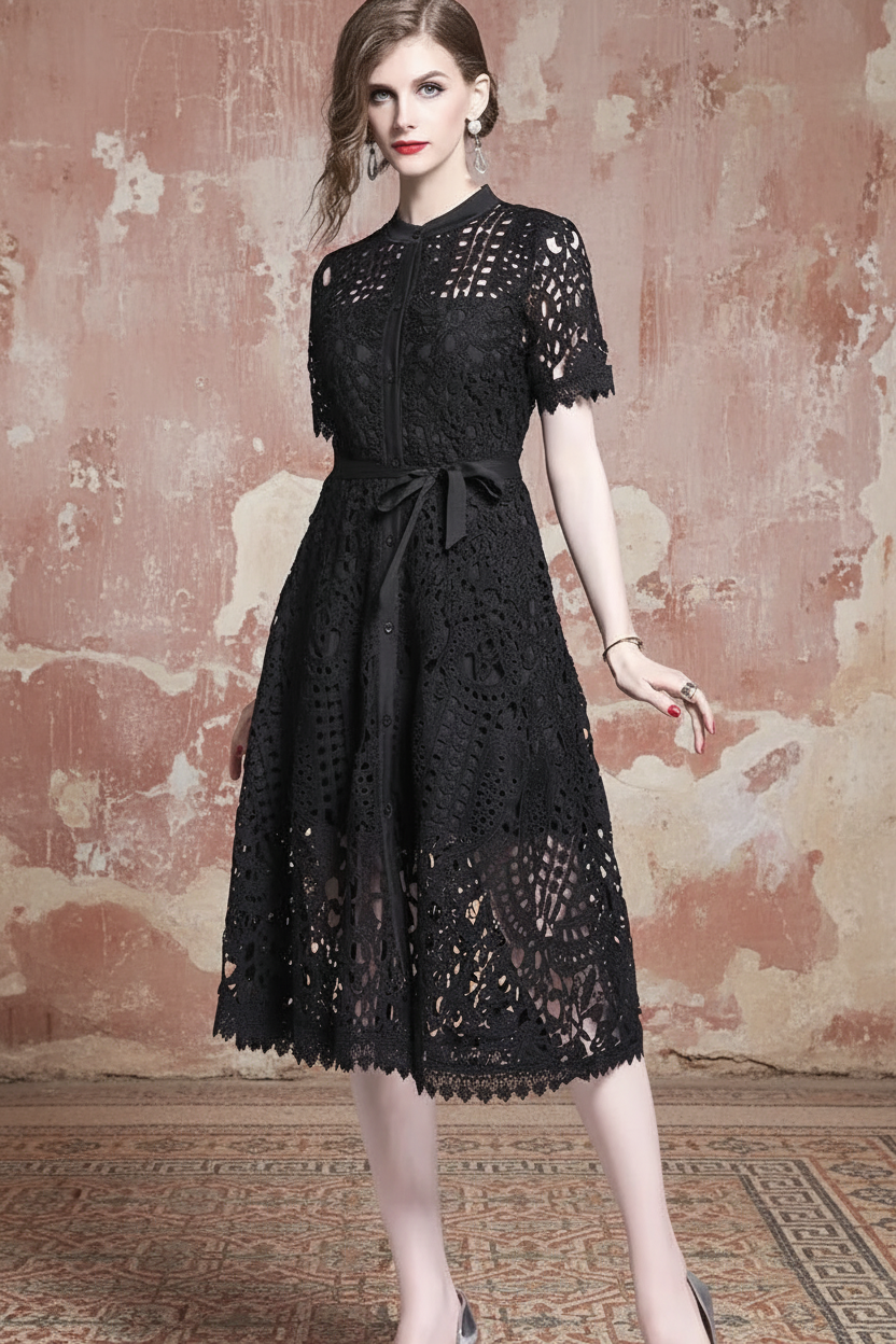Summer Women Lace Sweet Sexy Dress Hollow Out Half High Collar Short Sleeve Single-breasted High Waist Slim Vintage Midi Dresses