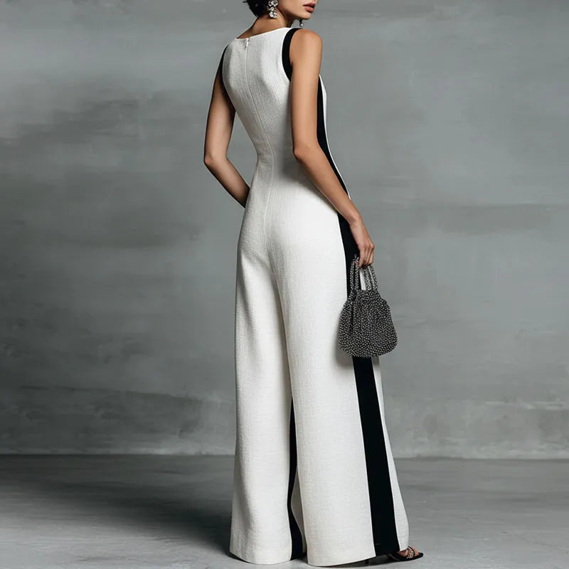 Women's Sexy Deep V Neck Wide Leg Pants Jumpsuit Spring Elegant Striped Print Patchwork Romper Summer Sleeveless Zipper Overalls