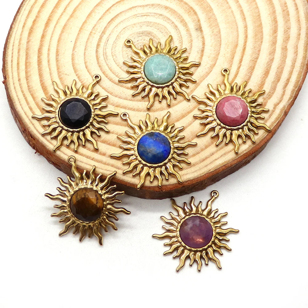 Solstice Sun Goodluck Pendant Shape Natural Amazonite Lapis Lazuli Black Agate Pendants Golden Frame Design Charms Jewelry Accessory 1 Pc For DIY Necklace