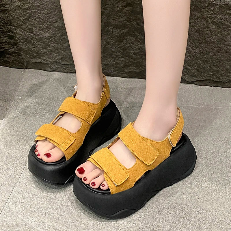 7CM High Platform Leather Sandals Women New Summer Breathable High Heels Ladies Beach Sneakers Wedges Chunky Slippers Sandalias