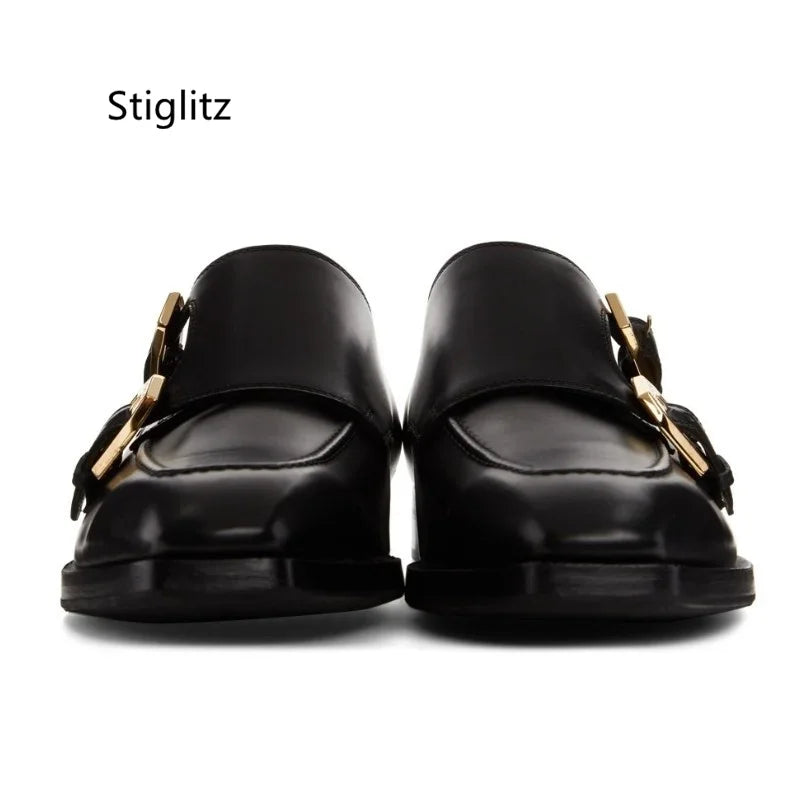 Black Genuine Leather Shoes for Men Metal Buckle Slip On Men Formal Dress Shoes Office Work Casual Business Shoes Loafers Male