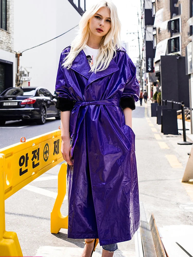 Nerazzurri Spring Autumn Purple Shiny Womens Patent Leather trench coat belt raglan sleeve Oversized soft runway long Overcoat