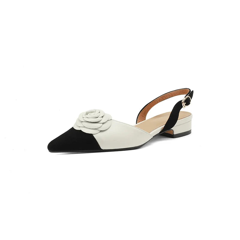Dilalula Summer Genuine Leather Covered Toe Flower Sandals Ladies Sweet Low Thick Heels Elegant Flower Mixed Color Dress Shoes