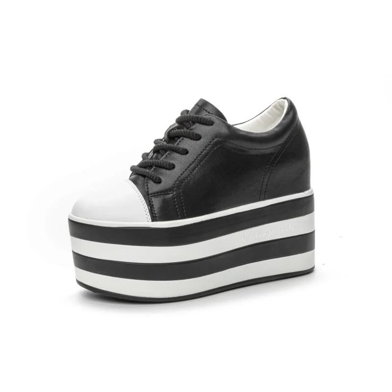 12cm Genuine Leather Platform Wedge Chunky Sneaker Hidden Heels Casual Breathable New Spring Autumn High Brand Vulcanize Shoes