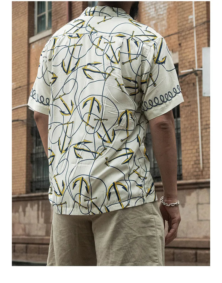Rugged Bronson Anchor Border Rayon Camp Shirt Old-Fashion Men's Hawaiian Shirt For Beach Vacation