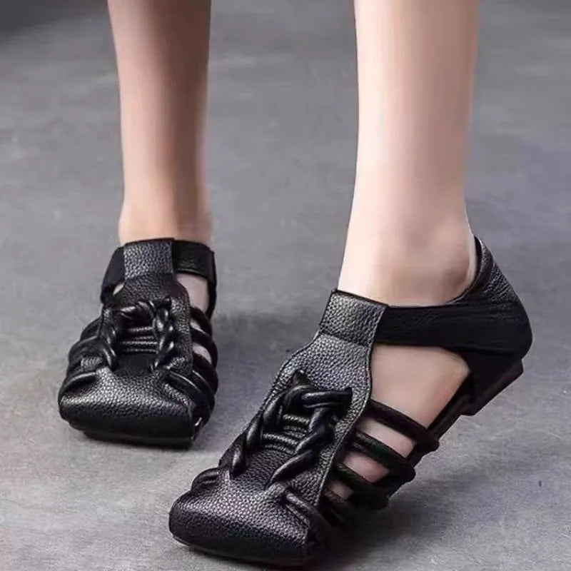 Genuine Leather Sandals Women Handmade Woven Literary Style Hollow Flat Roman Sandals Ladies Summer Shoes Sandalias
