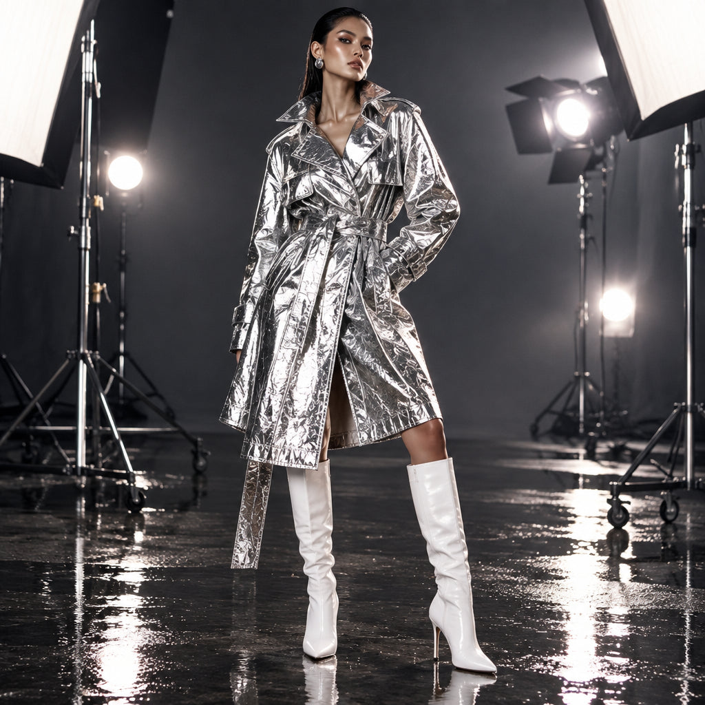 Spring Autumn Cool Oversized Shiny Silver Trench Coat for Women Belt Long Sleeve Loose Luxury Designer Clothes Y2K Streetwear