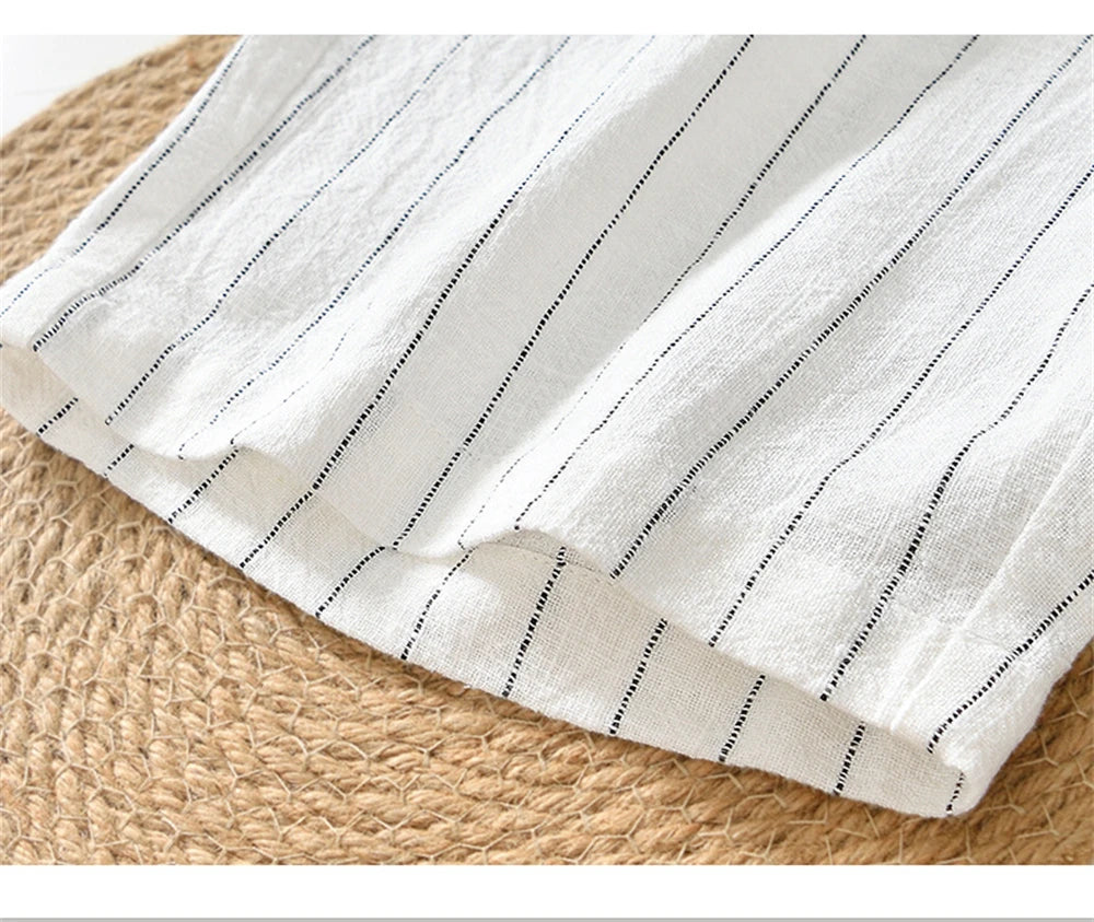 Summer cotton linen men's beach shorts loose fit breathable ramie striped straight daily causal pants for men