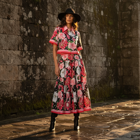 Retro print lapel short shirt two-piece set for 2026 summer women's wear+elastic waist loose pleated skirt fashion set