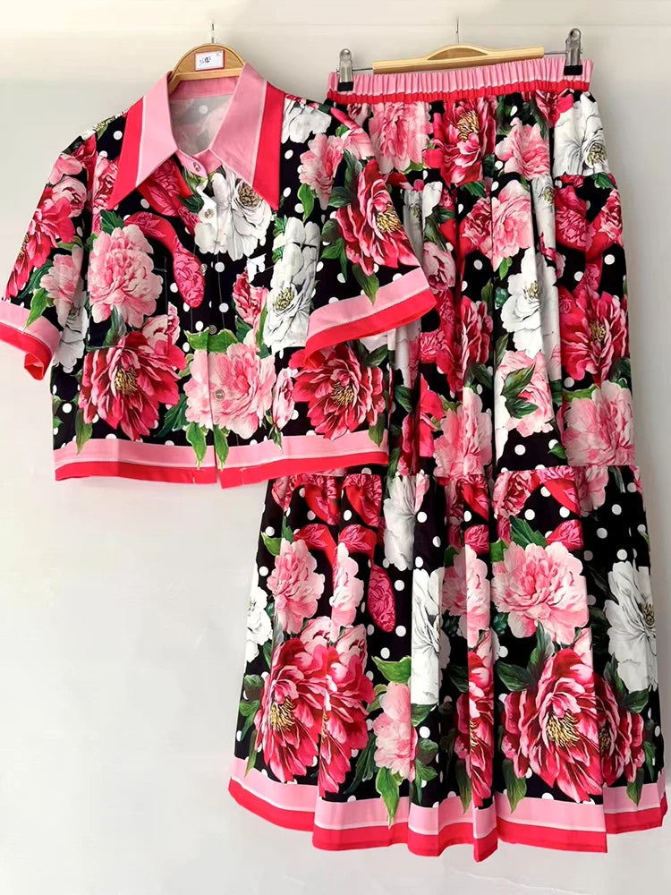 Retro print lapel short shirt two-piece set for 2026 summer women's wear+elastic waist loose pleated skirt fashion set