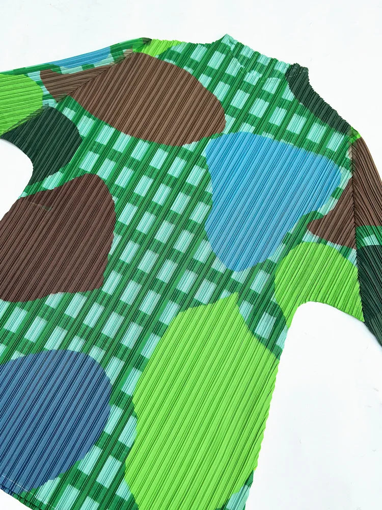 Miyake Elegant Green Plaid Color Block Print Pleated Top Mock Neck Half Sleeve Elastic Tee Daily Commute Office