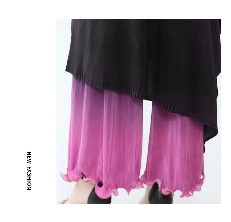 Miyake style  Pleated Bat Raglan Sleeve Irregular Dress Set Women 2025 New Fashion Original Designer Gradient Printing Two Piece Sets