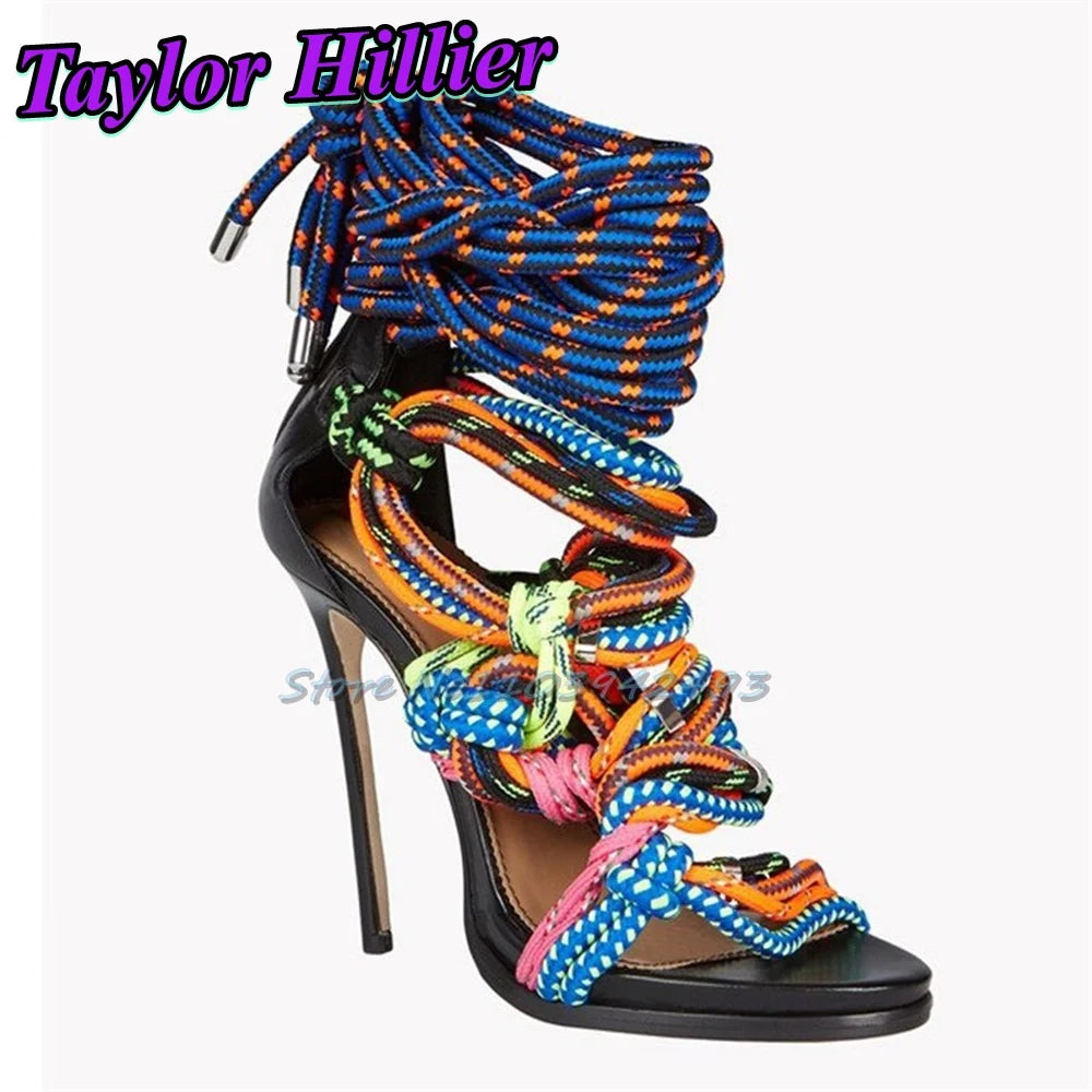 Gladiator Strappy Heels Colorful Rope Heeled Sandals Women Lace Up Open Toe Shoes Roman Style Weaving Band Stiletto Sandalias