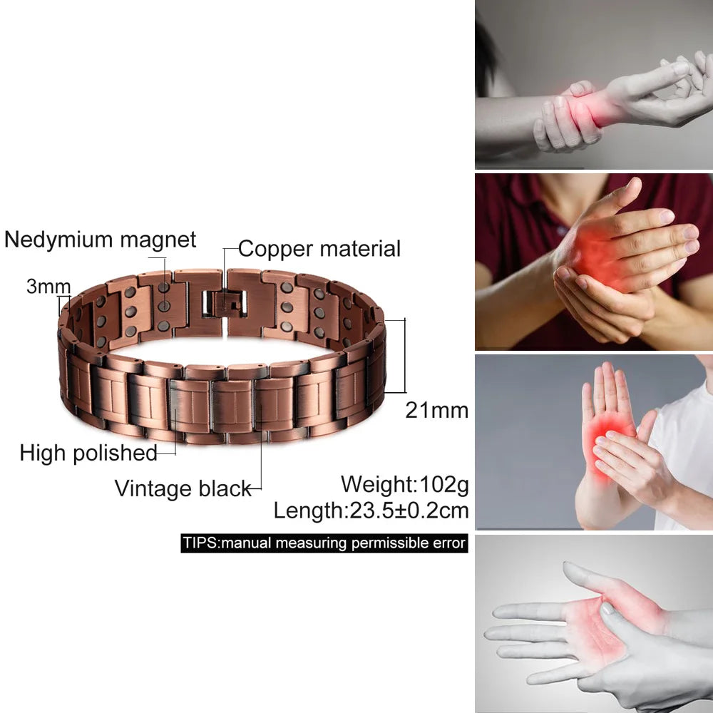 Vinterly Wristband Magnetic Bracelet Male 23cm Pure Copper 21mm Wide Chain Link Metal High Magnet Health Energy Jewelry for Men