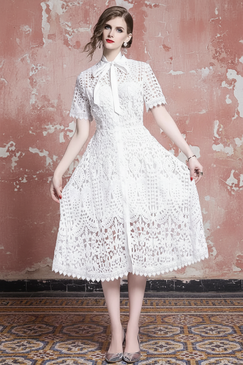 Summer Women Lace Sweet Sexy Dress Hollow Out Half High Collar Short Sleeve Single-breasted High Waist Slim Vintage Midi Dresses