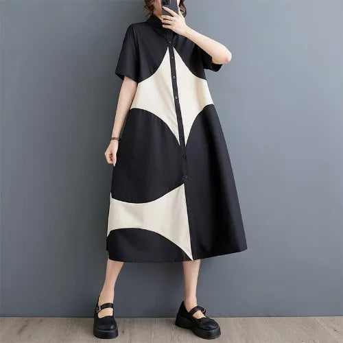 plus Size Summer Print Splice Casual Sweet ort Sve Dr Women's Loose Fit A-Line Gown f High Collar oulder Button