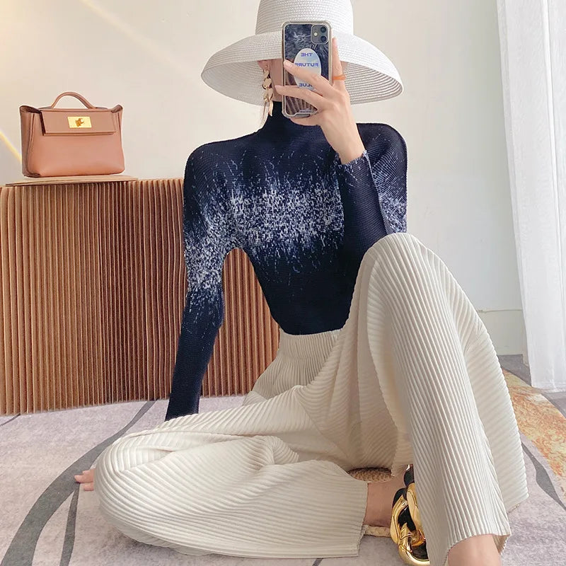Miyake Pleated Contrasting Colors T-shirt Women Half Turtleneck Skinny Pullover 2025 Summer Fashion Female Clothing