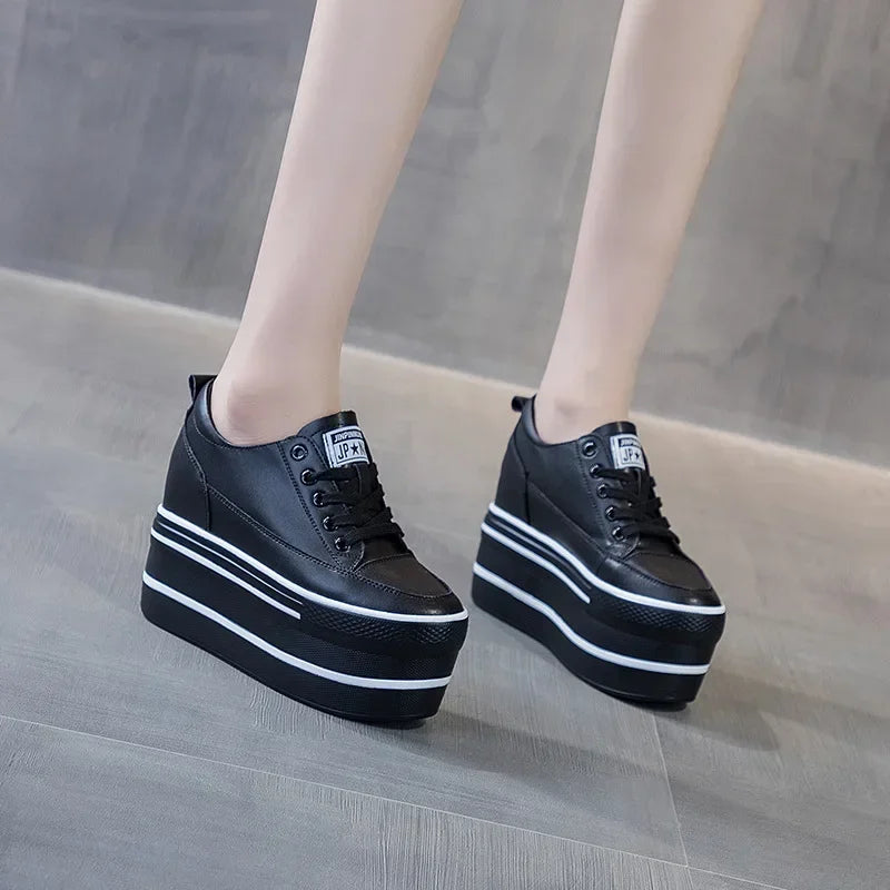 Fashion 10.5cm High Thick Heel Platform Flats Women Casual Shoes Genuine Leather Soft Quality Casual Shoe Sneakers White Black