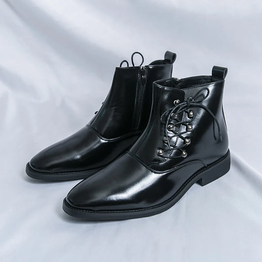 Autumn New Men's Pointed Side Zipper Comfortable High Top Boots Fashionable Brand Men Business Banquet Personalized Short Boots
