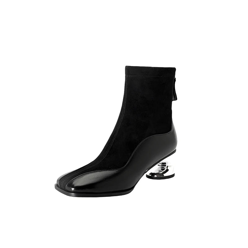 Modern Square Toe Chunky Woman Genuine Leather Ankle Boots Designer Suede Mid innovative Heels boots.