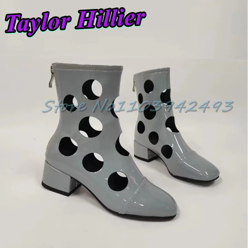 Silver Hollow Heeled Sandals Round Toe Heels Women Designer Luxury Shoes Spring Summer Hole Boots Ankle Short Boots Size Zipper