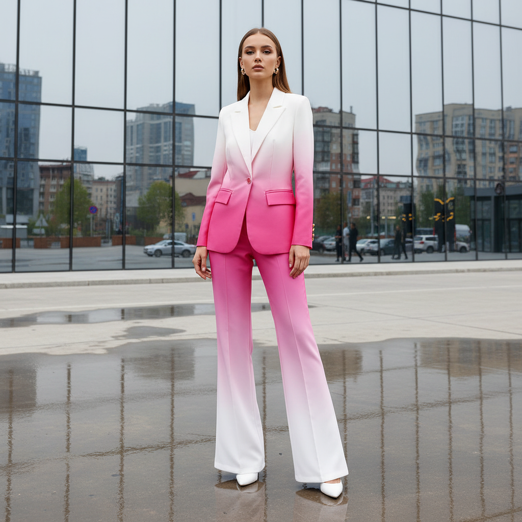 HIGH STREET Newest Fashion 2026 Designer Suit Set Women's Gradient Color Printed Single Button Blazer Flare Pants Suit 2pcs