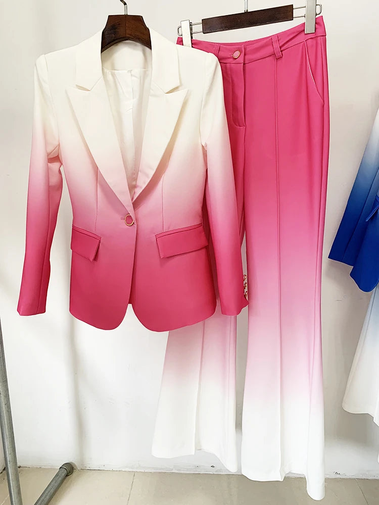 HIGH STREET Newest Fashion 2026 Designer Suit Set Women's Gradient Color Printed Single Button Blazer Flare Pants Suit 2pcs