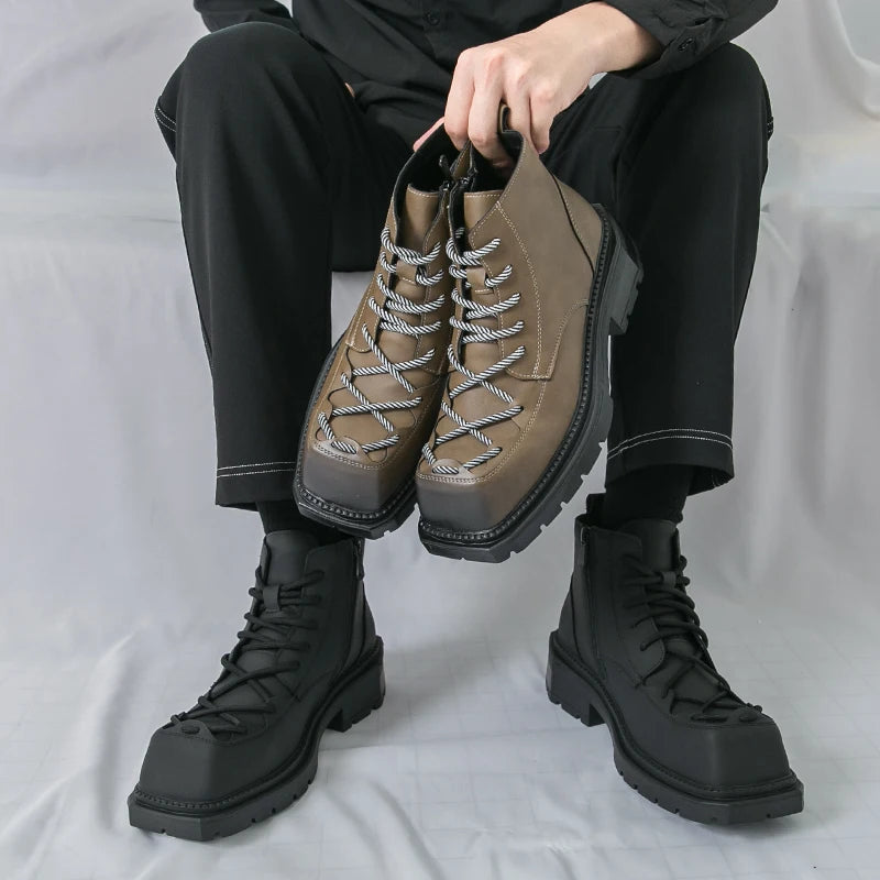 Autumn New Men Comfortable Lace Up Side Zipper High Top Leather Shoes Fashion Brand Round Toe Thick Soled Non Slip Outdoor Boots