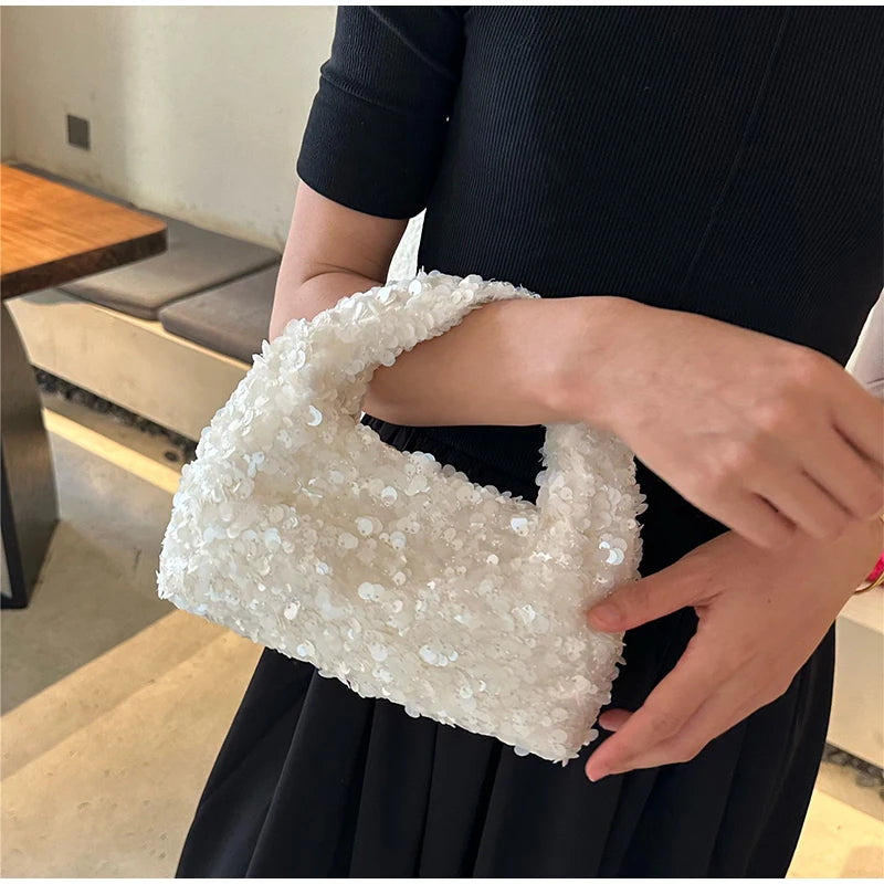 Luxury Pearlescent Sequin Elegant Clutch Purse,Niche French Designer Dumpling Cloud Hobo Evening Bag,Crescent Women Handbag
