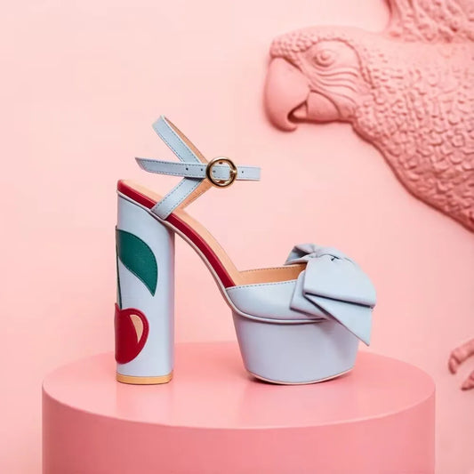 Light Blue/Pink Platform Heeled Sandals Oversized Bow Decoration Chunky Block Heel Cherry Print Detail Sweet Peep-Toe Sandals