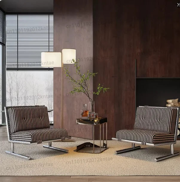 Minimalist stainless steel striped fabric single sofa chair - living room, balcony, leisure seating