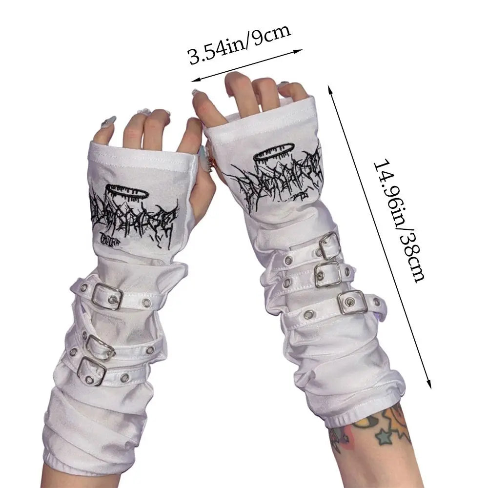 Fashion Metal Buckle Arm Sleeves Y2K Japanese Sunscreen Gloves Embroidery Harajuku Cosplay Gloves Women