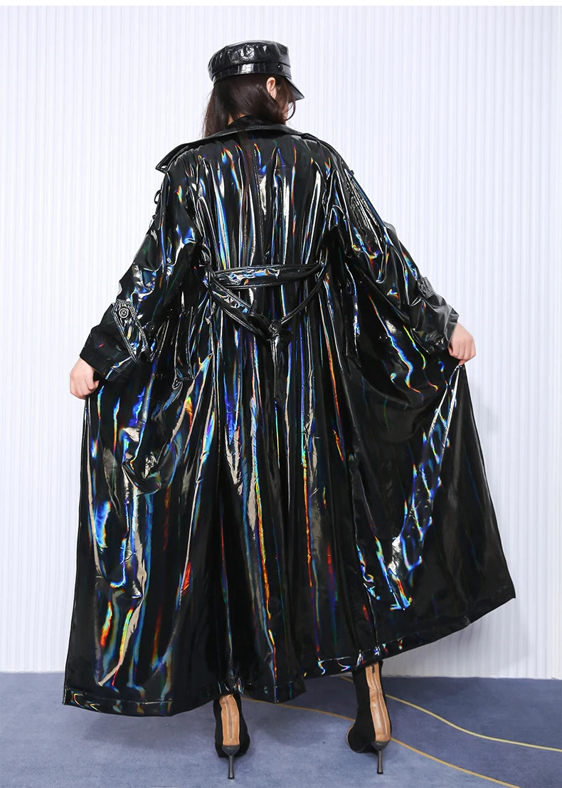 Nerazzurri Autumn Extra Long Black Holographic Shiny Reflective Stretchy Soft PVC Leather Trench Coat for Women European Fashion