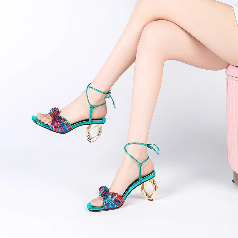French Style Colorful Narrow Band Sandals Women High Strange Heels Ankle Wrap Party Wedding Sandals Ladies Dress