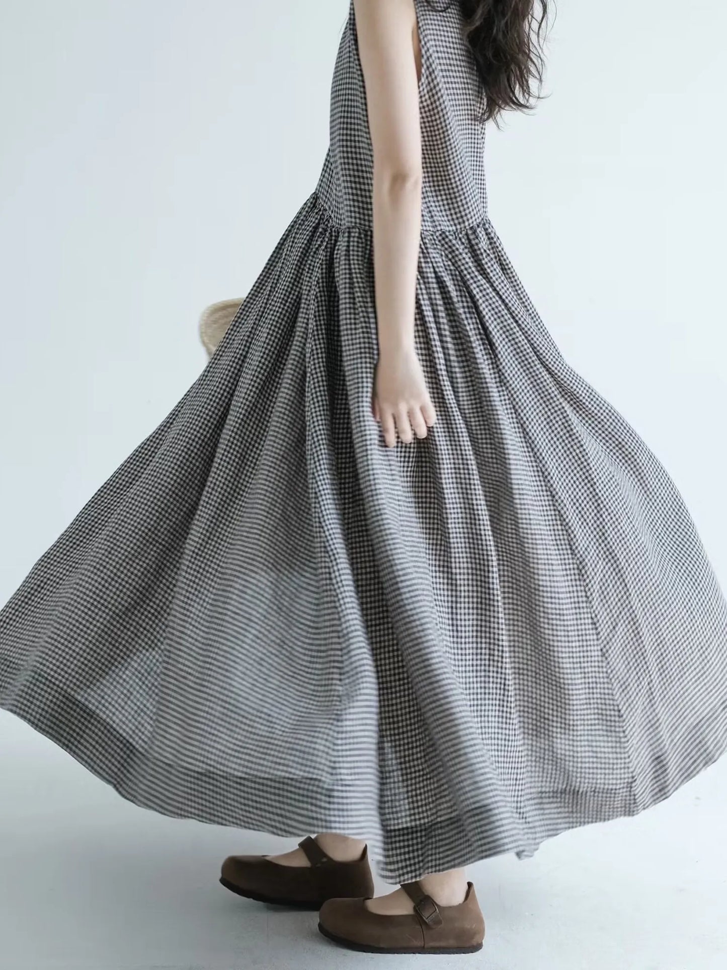 Summer New Women's Cotton Lin Loose Casual Dr High Waist A-Line Skirt Svel Vest Dr Cheered Pattern plus Size