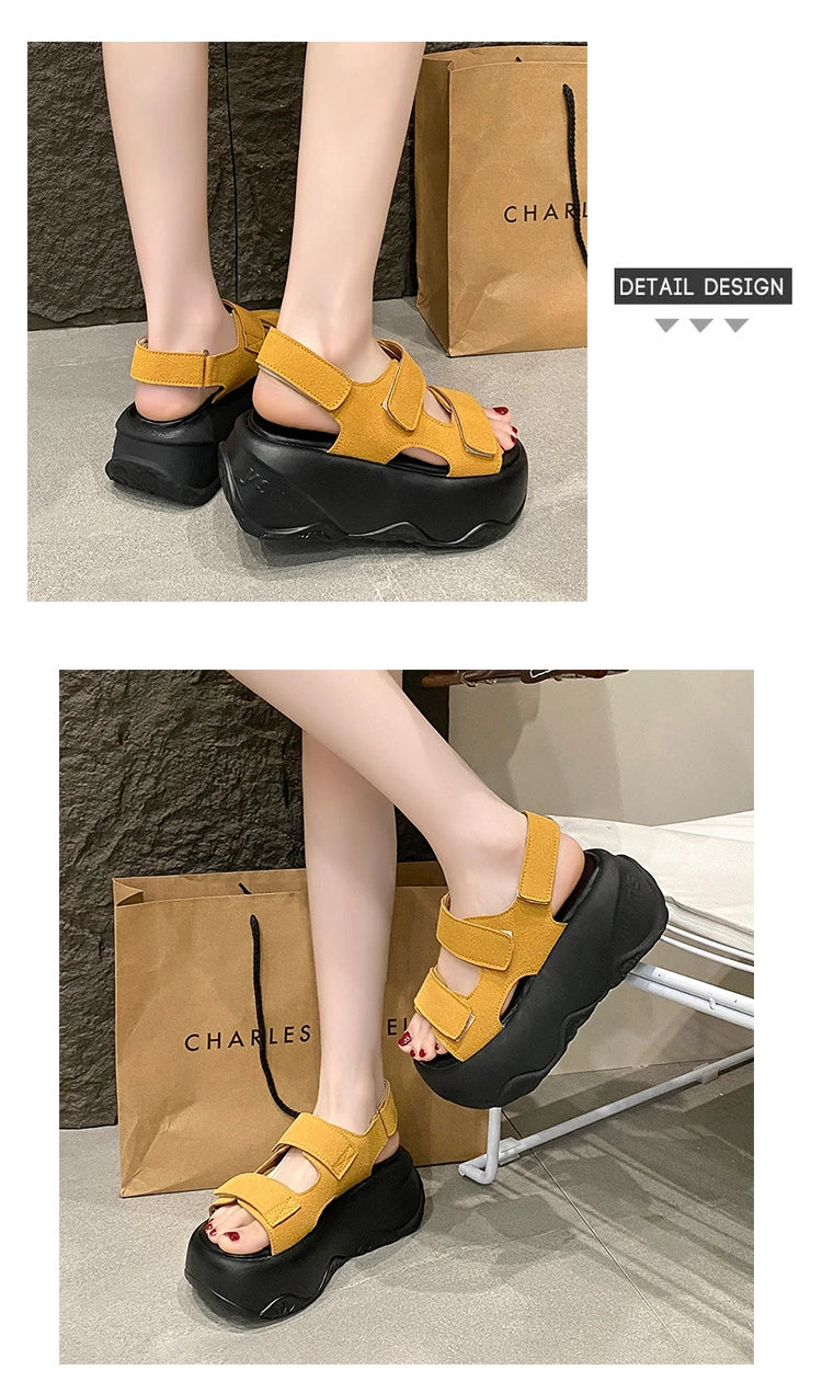 7CM High Platform Leather Sandals Women New Summer Breathable High Heels Ladies Beach Sneakers Wedges Chunky Slippers Sandalias
