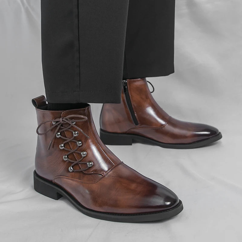 Autumn New Men's Pointed Side Zipper Comfortable High Top Boots Fashionable Brand Men Business Banquet Personalized Short Boots